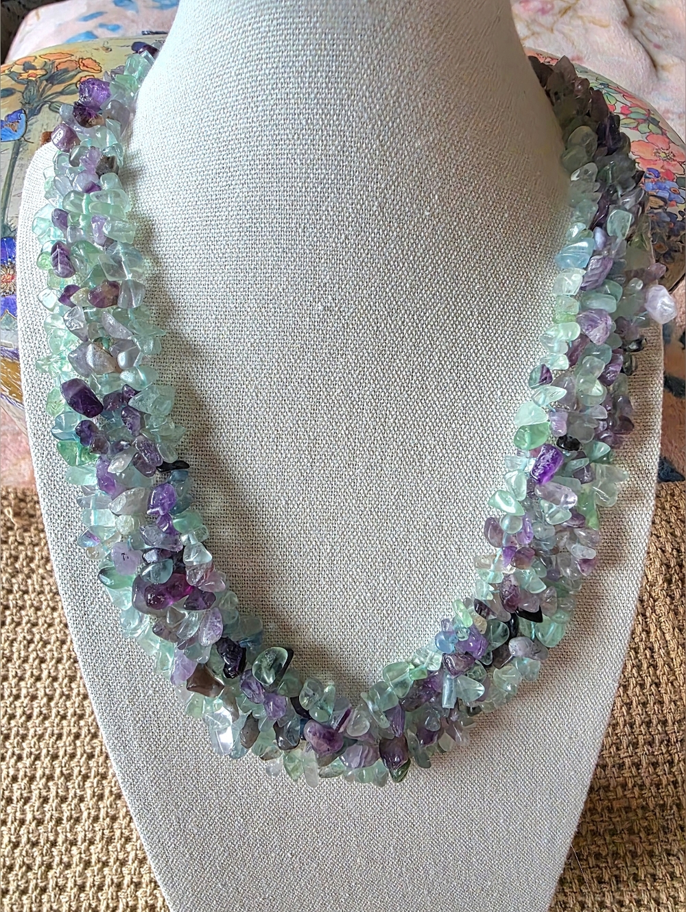 Rainbow Fluorite and Amethyst Multi-strand Carved Bead Necklace with togel clasp